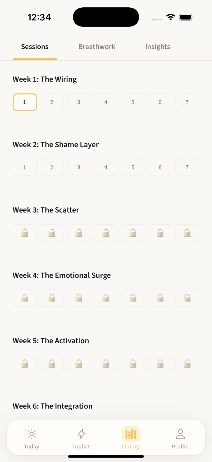 ADHD Mind Library screen showing 6 weeks of sessions, days 1-7 laid out week by week